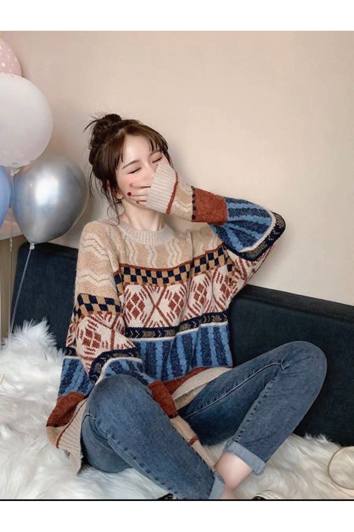 Gülce moda  Kadın Oversize Desenli Triko Kazak | Bohem Etnik Salaş Kışlık Kazak