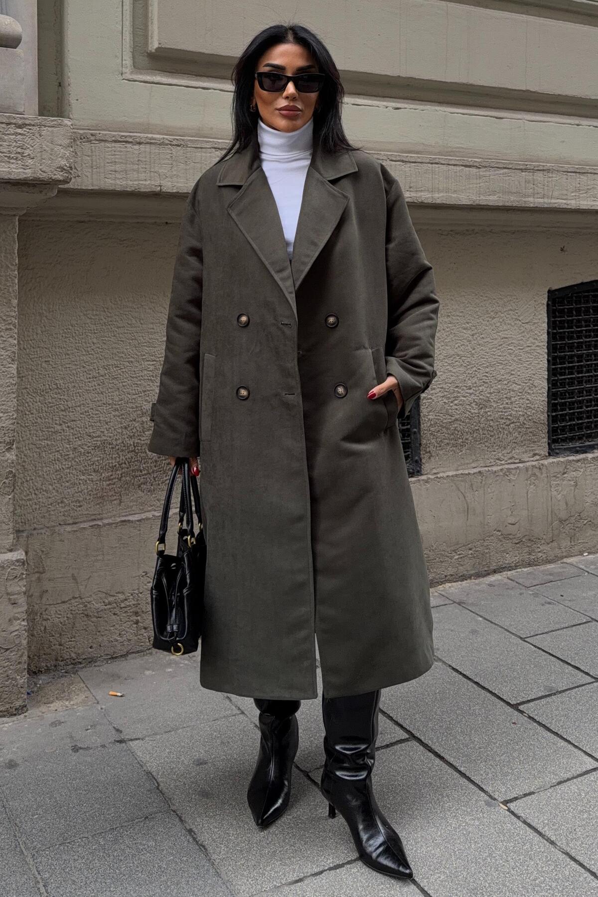 Lijuri  Haki Çift Düğmeli Uzun Süet Kaban 7084 R10-I-K3 - Görsel 6