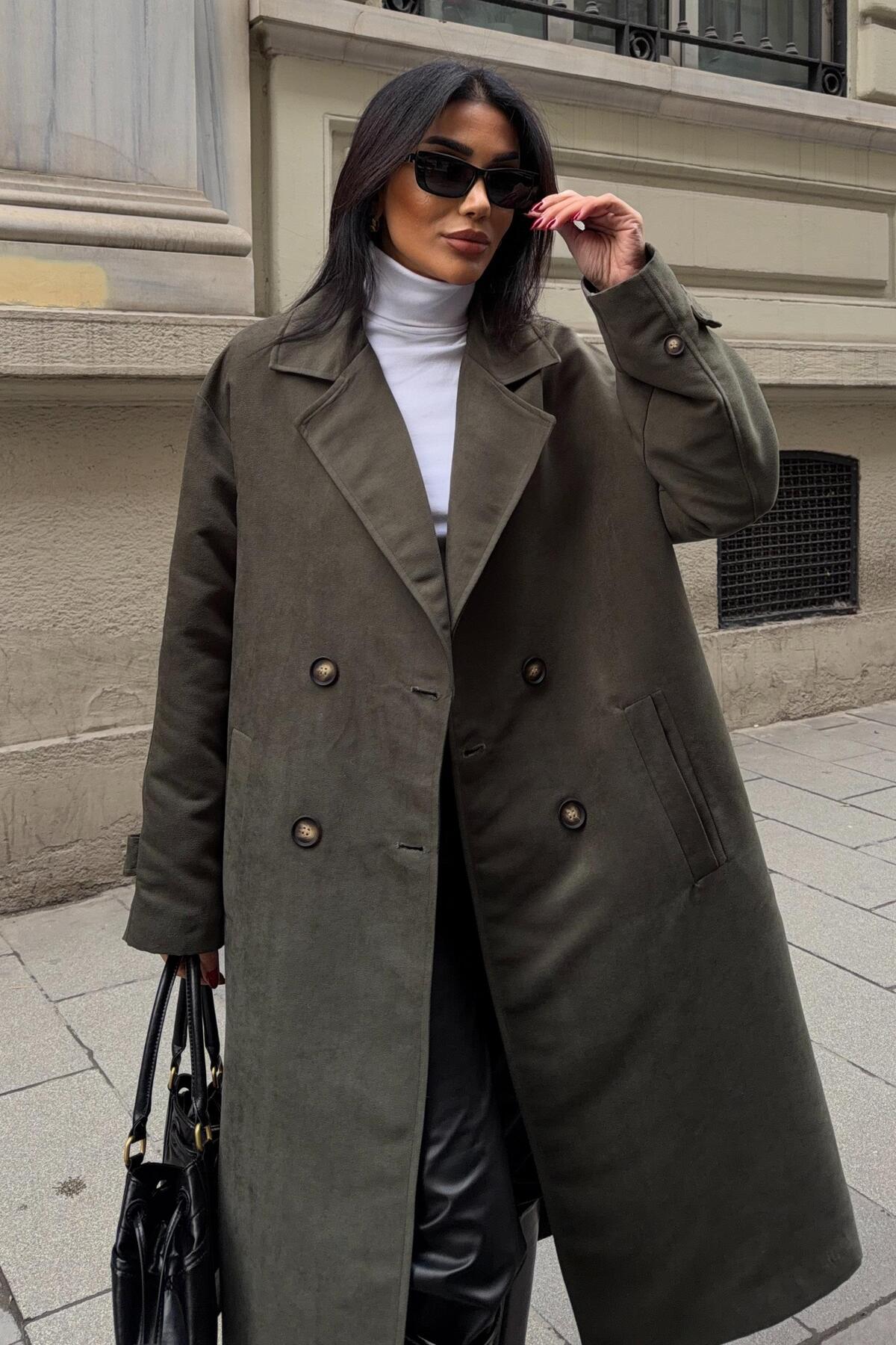 Lijuri  Haki Çift Düğmeli Uzun Süet Kaban 7084 R10-I-K3 - Görsel 2