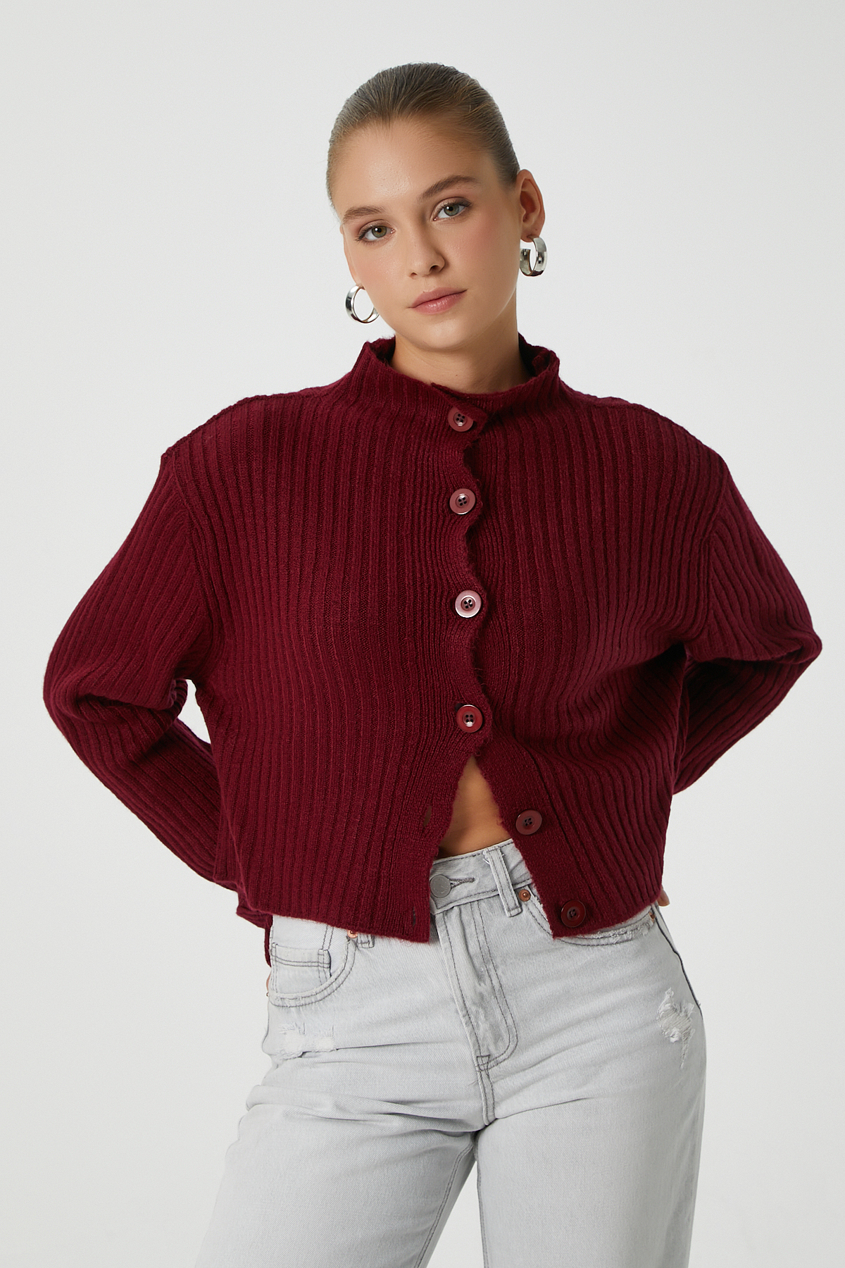 Ritnice Kadın Wendy Grade Yumuşak Doku Dik Yaka Bordo Triko Hırka görsel 3