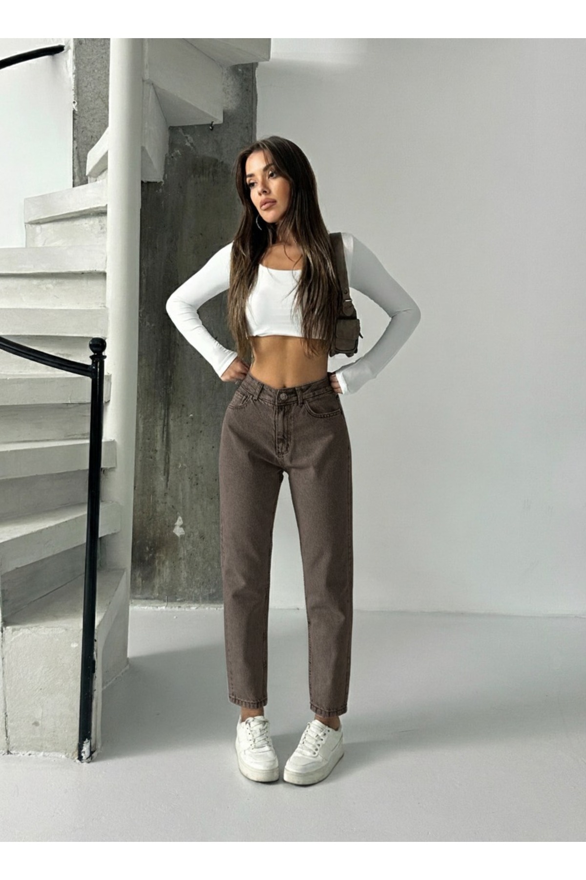 blue marlın Кафяви дънки с висока талия и измита текстура