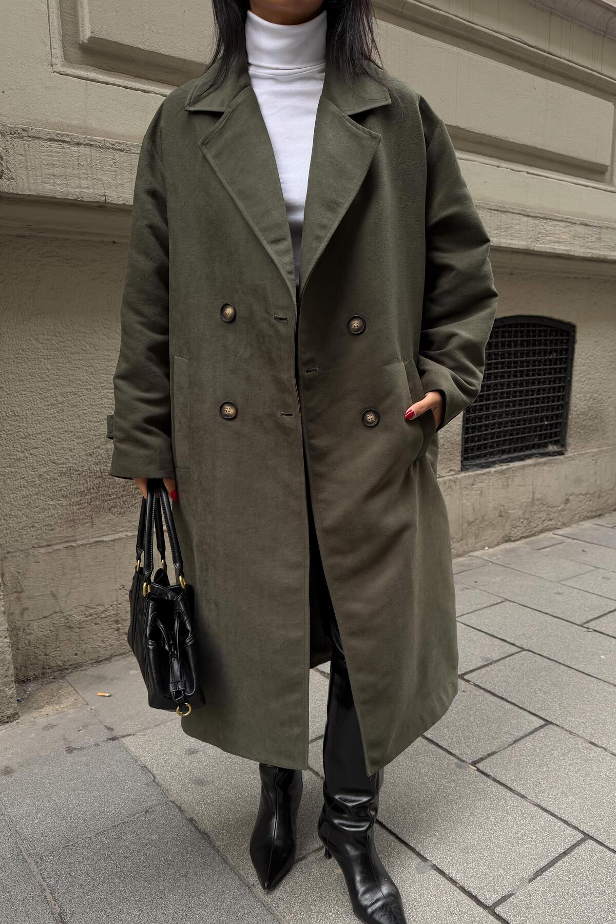 Lijuri  Haki Çift Düğmeli Uzun Süet Kaban 7084 R10-I-K3 - Görsel 3