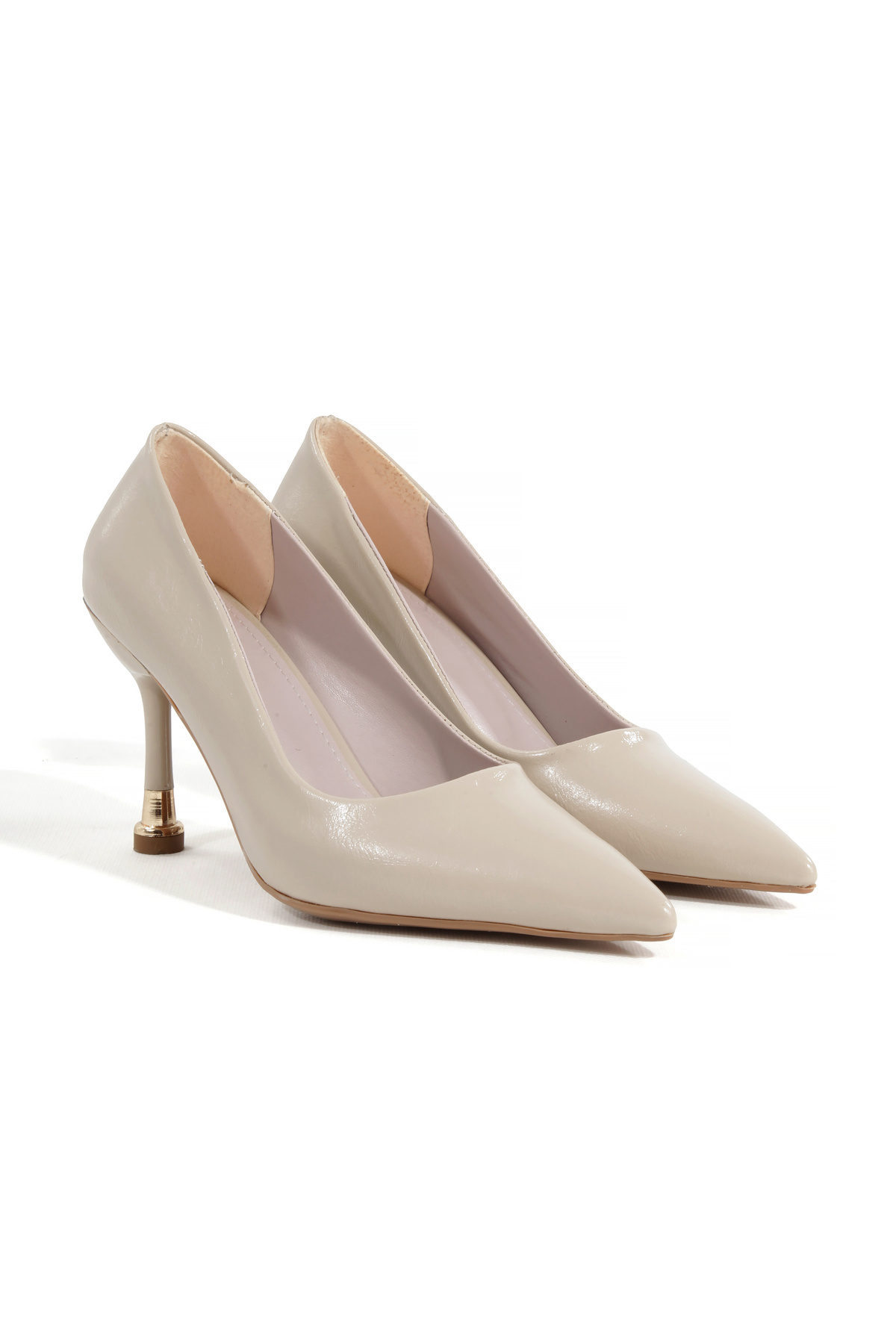 Gold Heel Detailed Stylish Comfortable Fit Beige Wrinkled Skin Women Pointed Nose Stiletto
