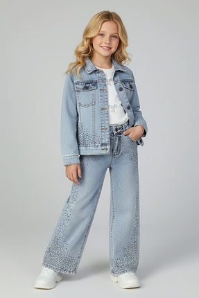 DMB BOYS & GIRLS kız çocuk taş baskılı pamuklu kot ceket