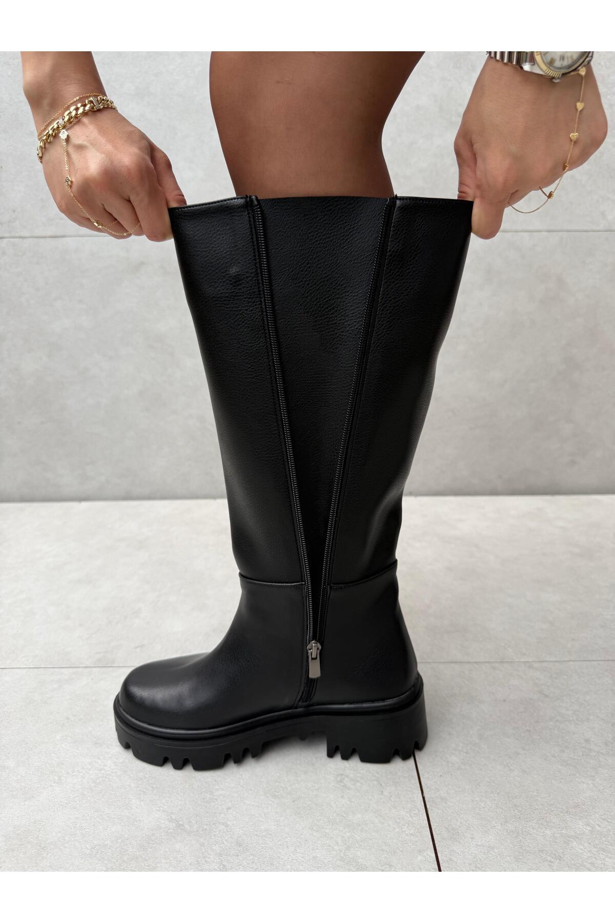 Dena Black Color Extra Wide Women's Boots with Thick Soles