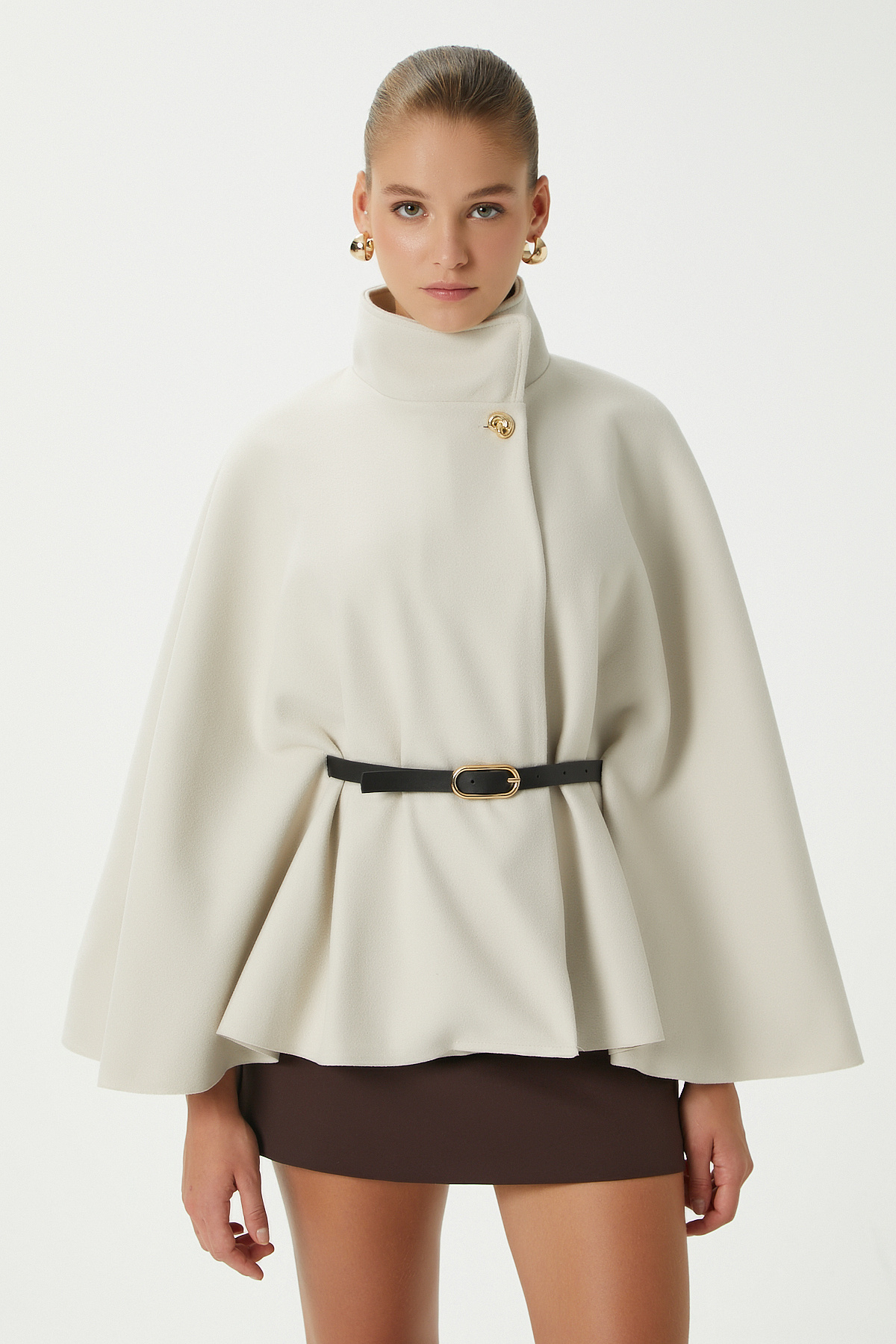 Ritnice  Kadın Kayla Gold Düğmeli Kemerli Krem Kaşe Panço - Görsel 6