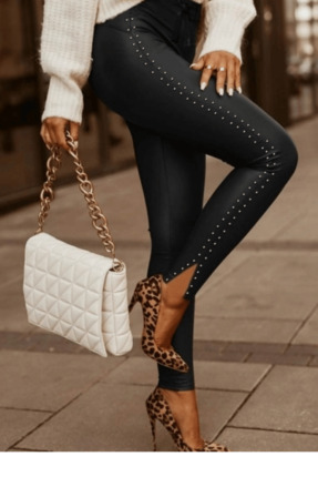 GENİRA İnci Detaylı Yüksek Bel Kadın Tayt Esnek Dar Paça Şık Günlük Tayt