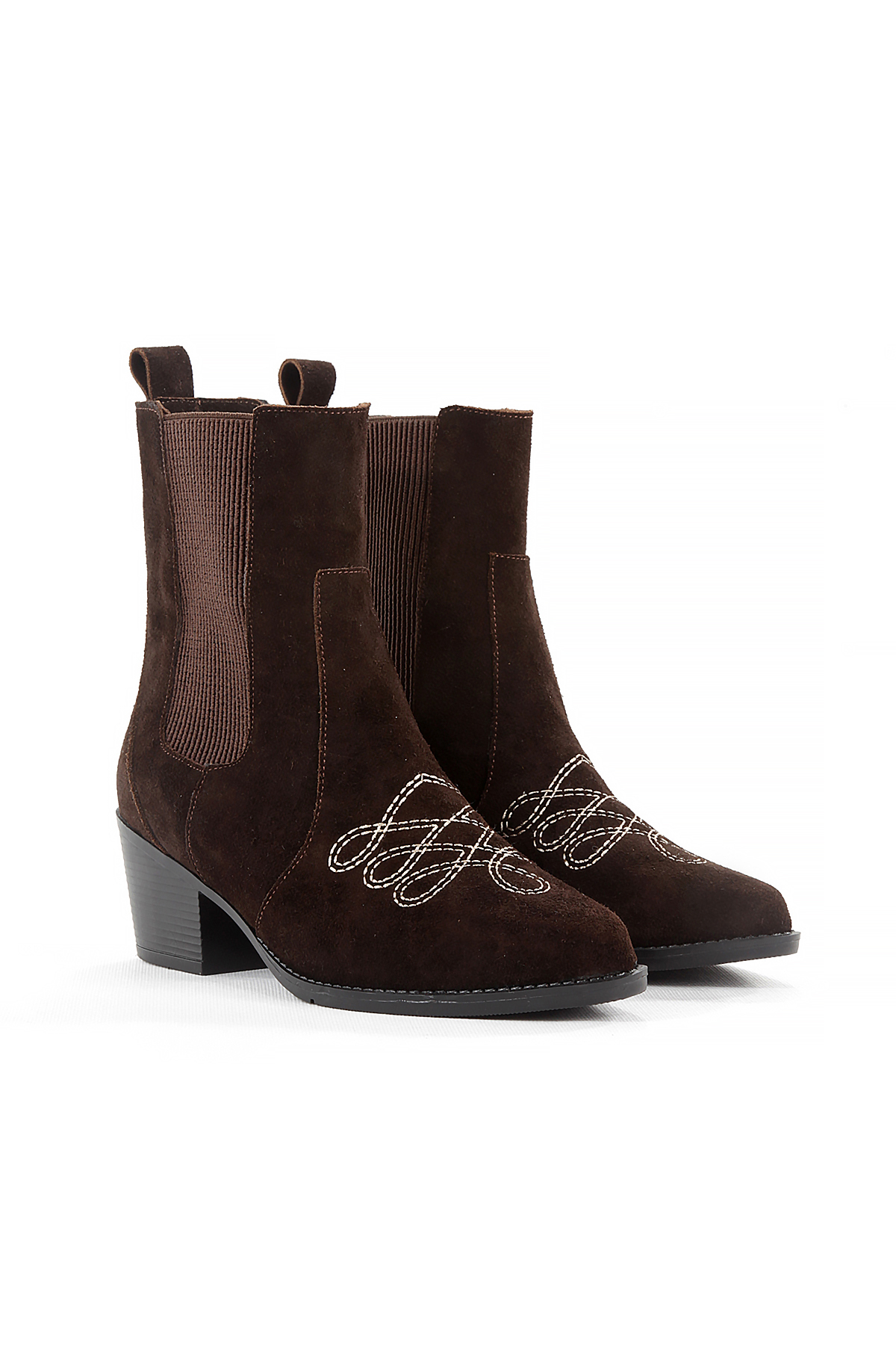 SHOES Embroidered Side Elastic Genuine Suede Leather Cowboy Stylish Casual Brown Suede Women's Boots