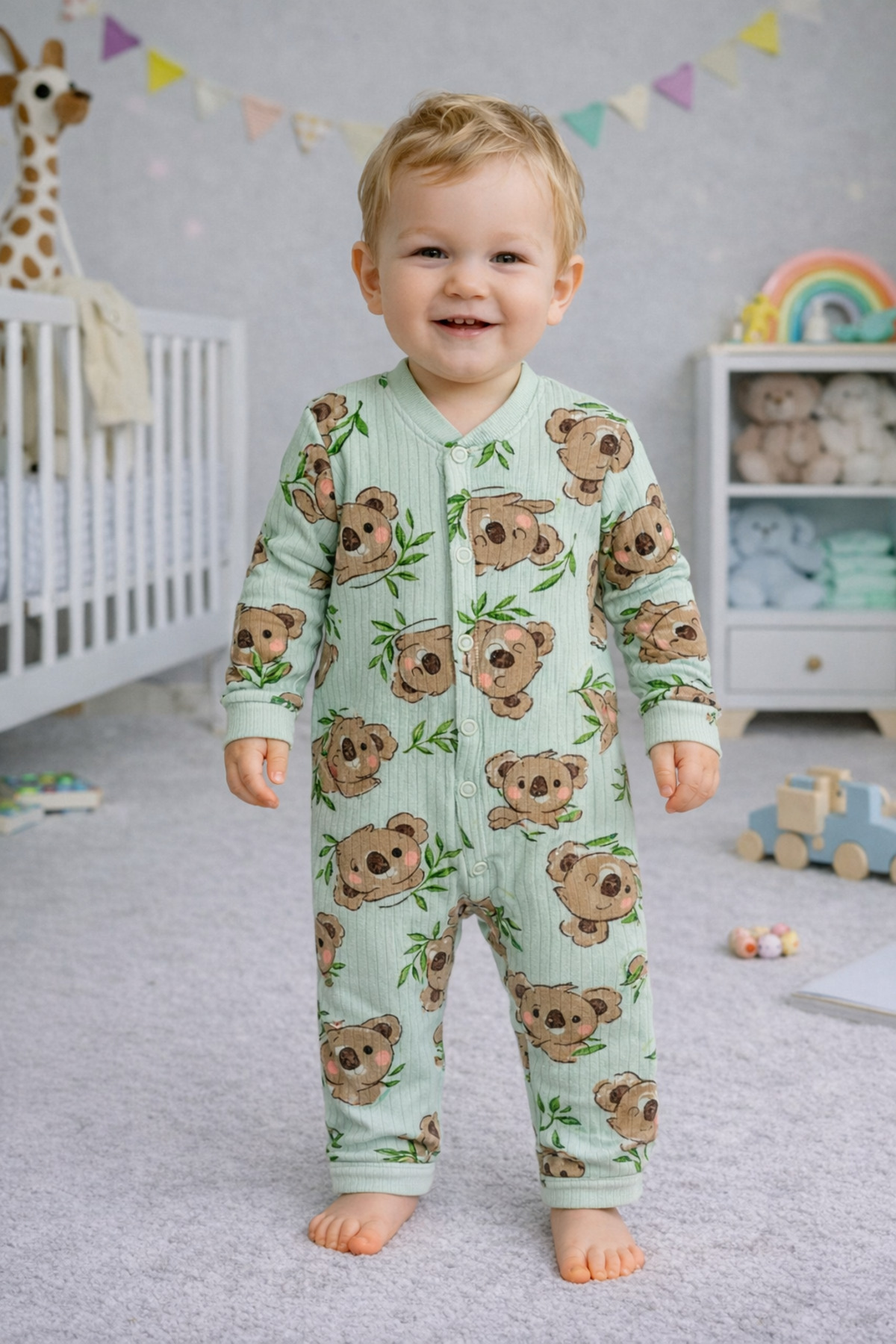 Koala Patterned Snap Fastener Baby Jumpsuit - Green