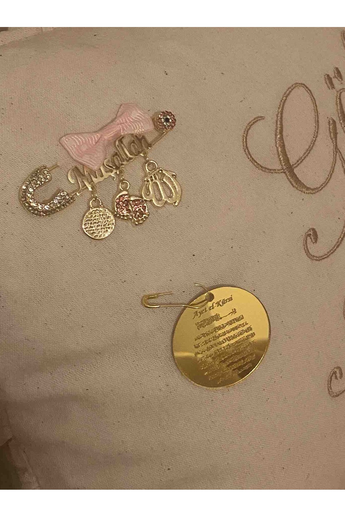 Gold Verse Ball Written Mirrored Plexiglas Newborn with Pink Polka Dot Lapel - TYBEZYIB1773