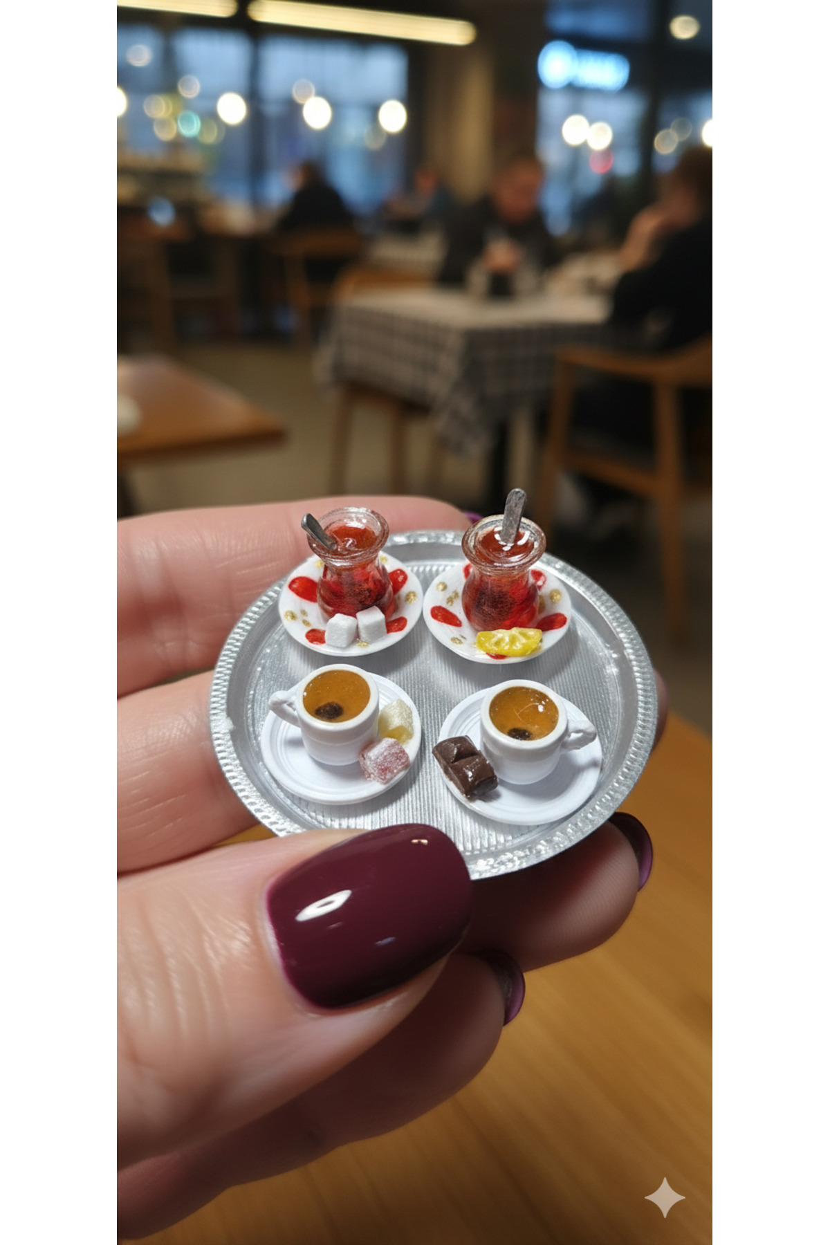 Minyatür Dünyam 2 Çay 2 Kahve Kendinden yapışkanlı ve Tepsi Hediyeli Minyatür Telefon Süsü