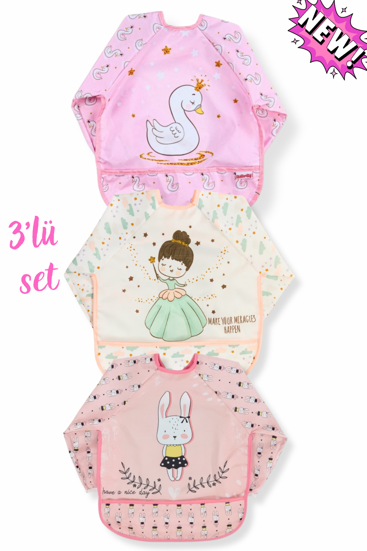 SET OF 3 PRINCESS-RABBIT-SWAN PATTERN WEARABLE LIQUID PROOF FOOD AND ACTIVITY APRON(6-24 MONTHS)
