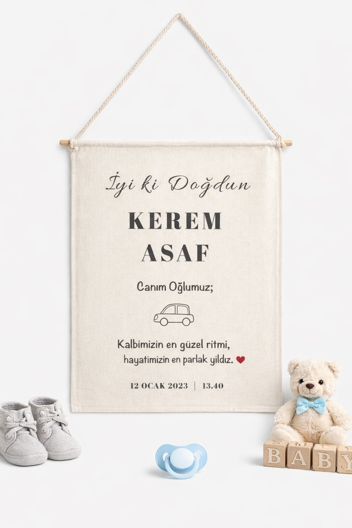 Kidyoo Art Kişiye Özel Erkek Çocuk Doğum Günü Duvar Flaması | İpli Ve Bambu Çubuklu