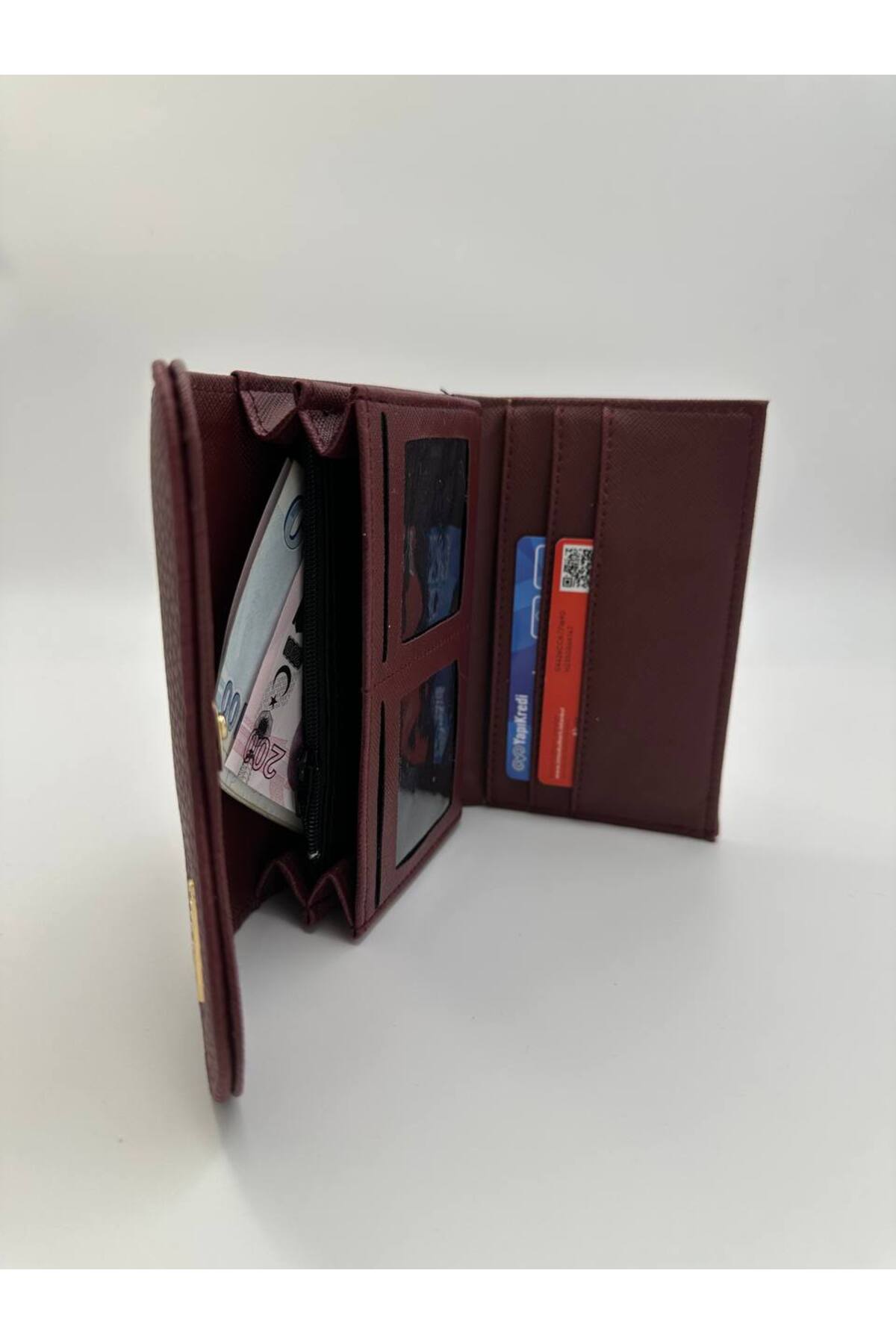 Bordo Kadın Popüler Bordo Cüzdan Çok Gözlü Kartlık Detaylı görünüm 3