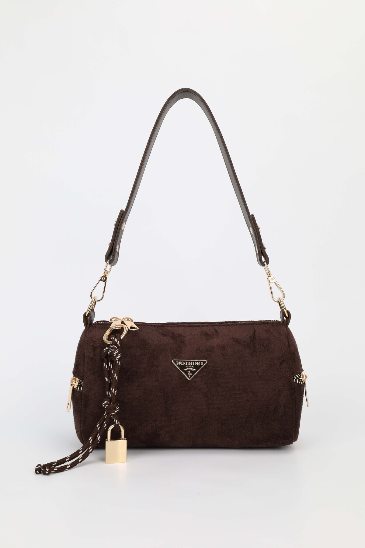 NOTHING Дамска чанта от велур с кафяв капак, с ръчно изработени детайли, за н...