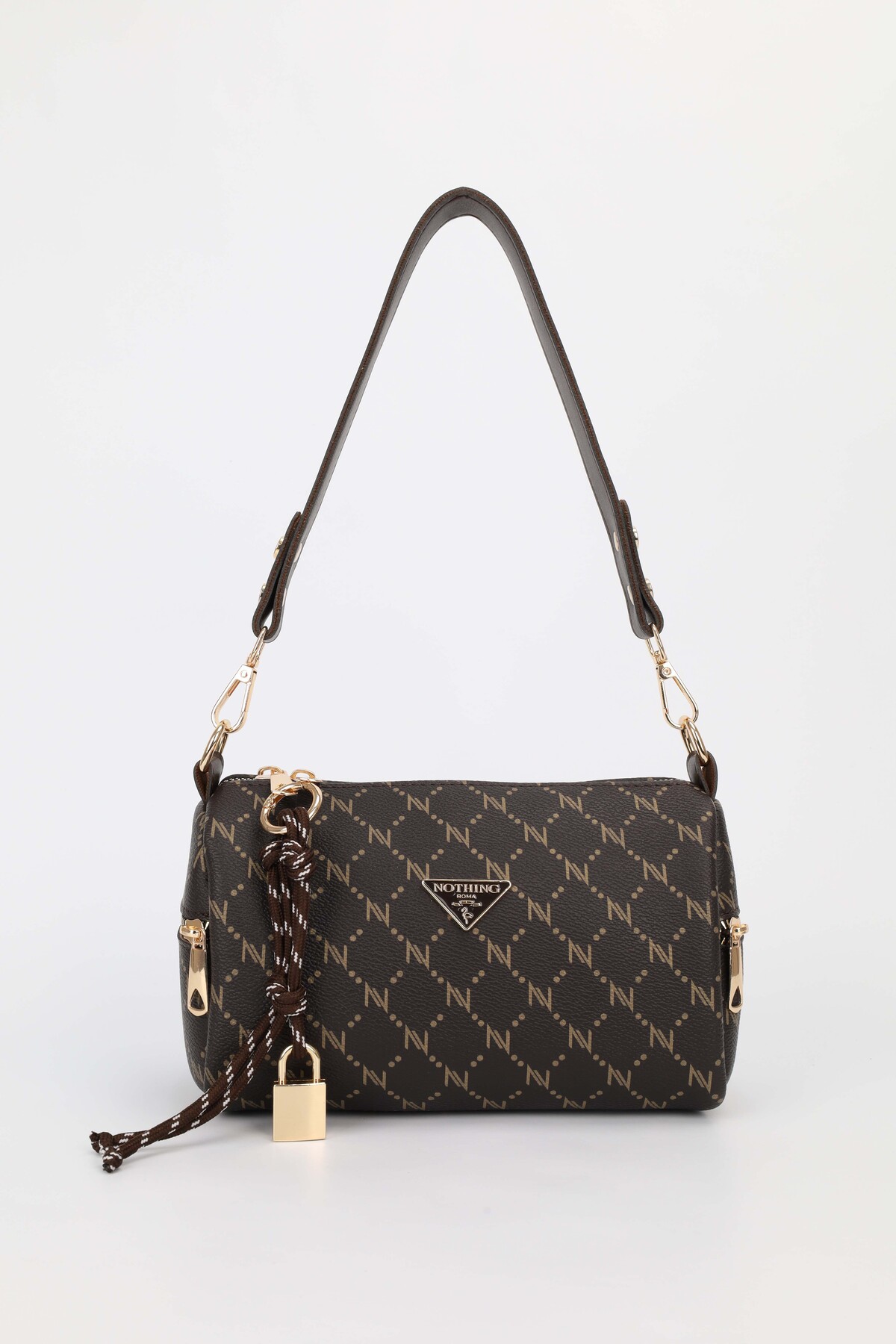 Women's Coffee Monogram Leather Lock Charm Detailed Hand Shoulder and Crossbody Bag Alice
