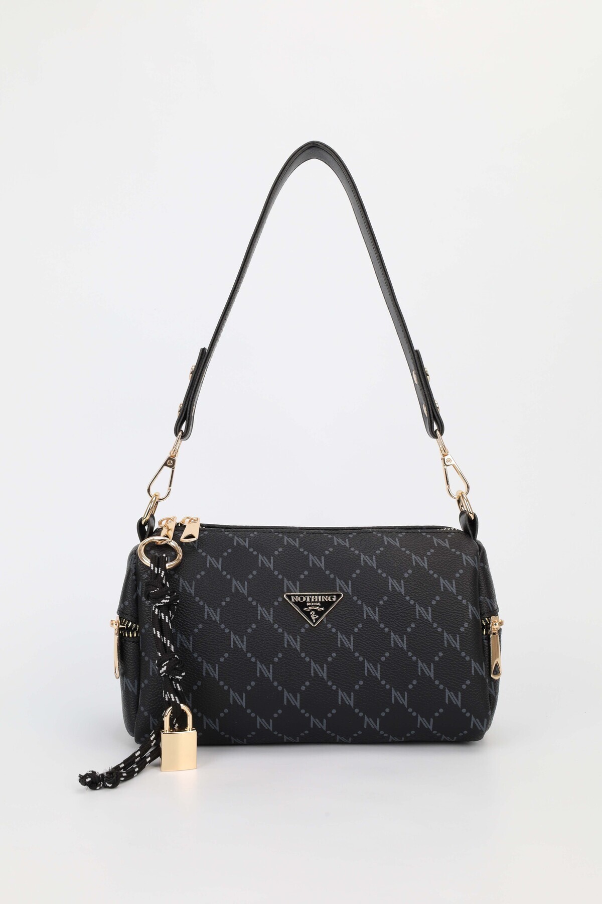 Women's Black Monogram Leather Lock Charm Detailed Hand Shoulder and Crossbody Bag Alice