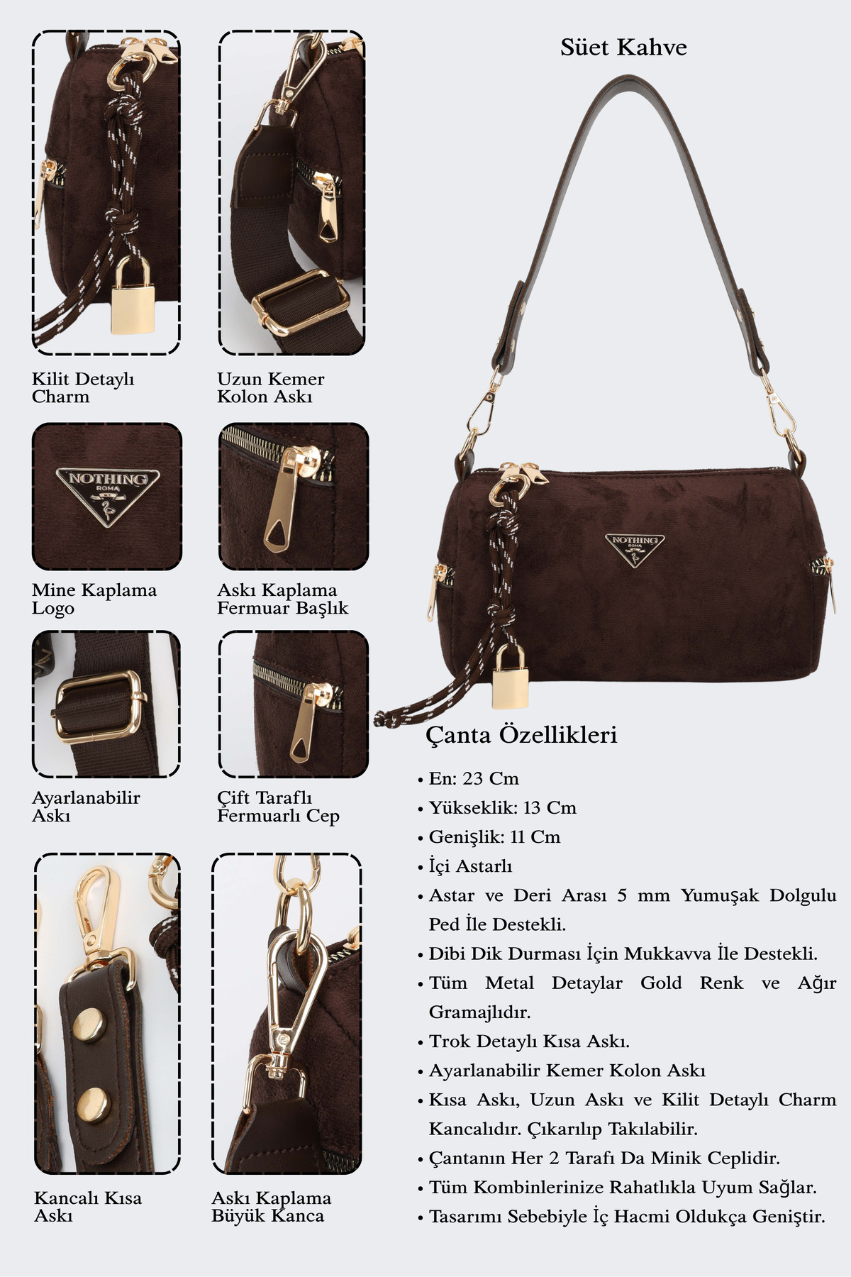 NOTHING  Kadın Süet Kahve Kilit Charm Detaylı El Omuz ve Çapraz Çanta Alice - Görsel 7