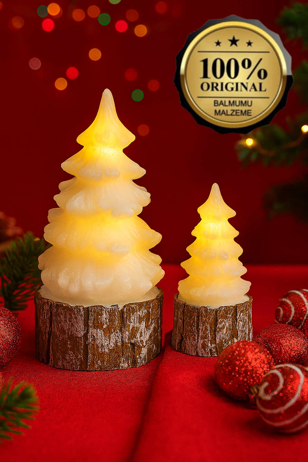 moontime alaçatı Yılbaşı Temalı 2'li Bal Mumu Led Çam Ağacı Dekoratif Mum Seti