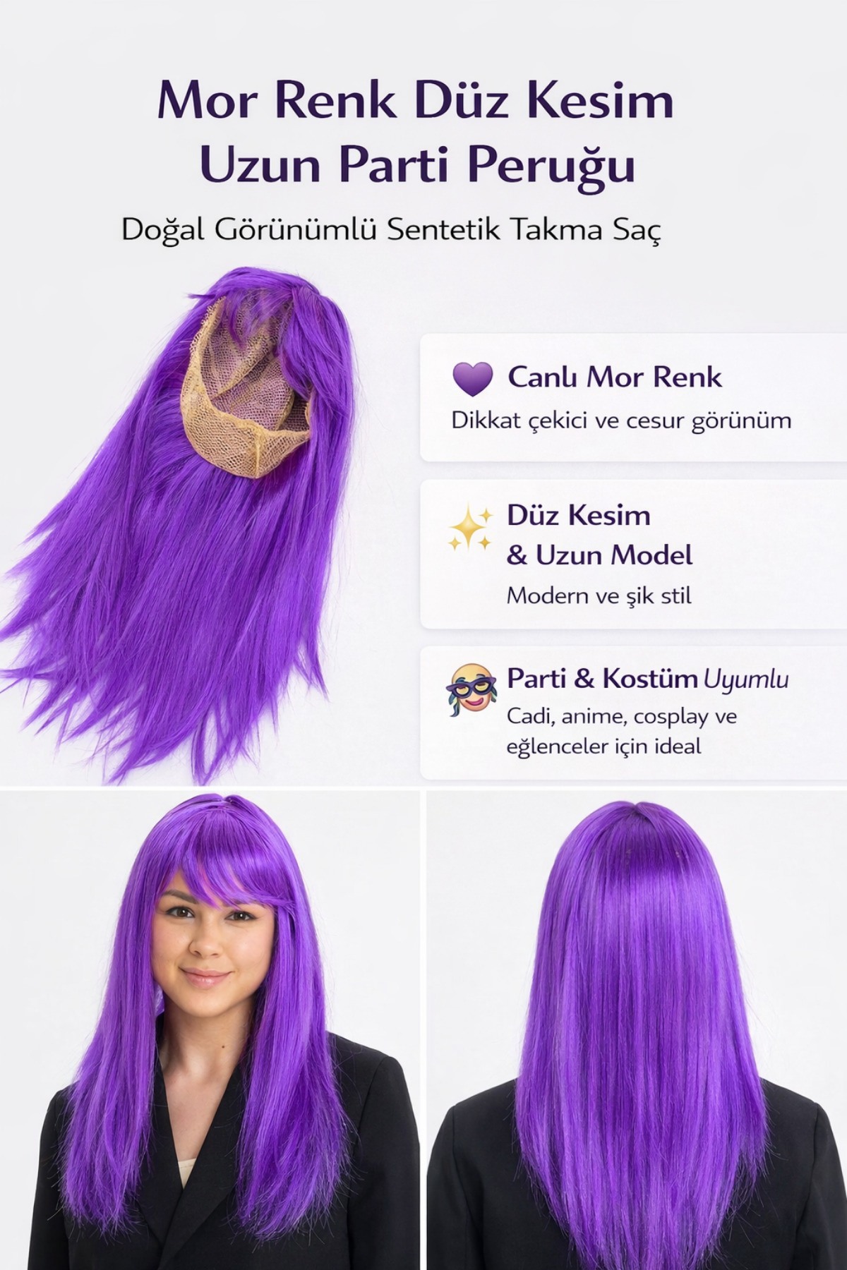 Tamsena Store Mor Renk Düz Kesim Uzun Parti Peruğu – Doğal Görünümlü Sentetik Takma Saç