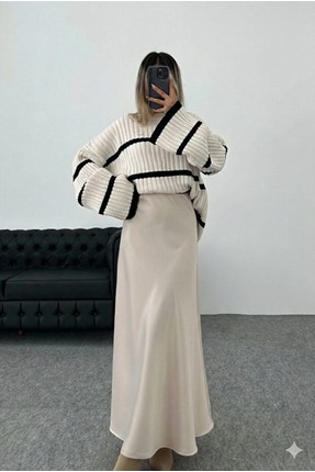 Lüx Sepet Saten Kumaş Beli Lastikli Uzun Etek