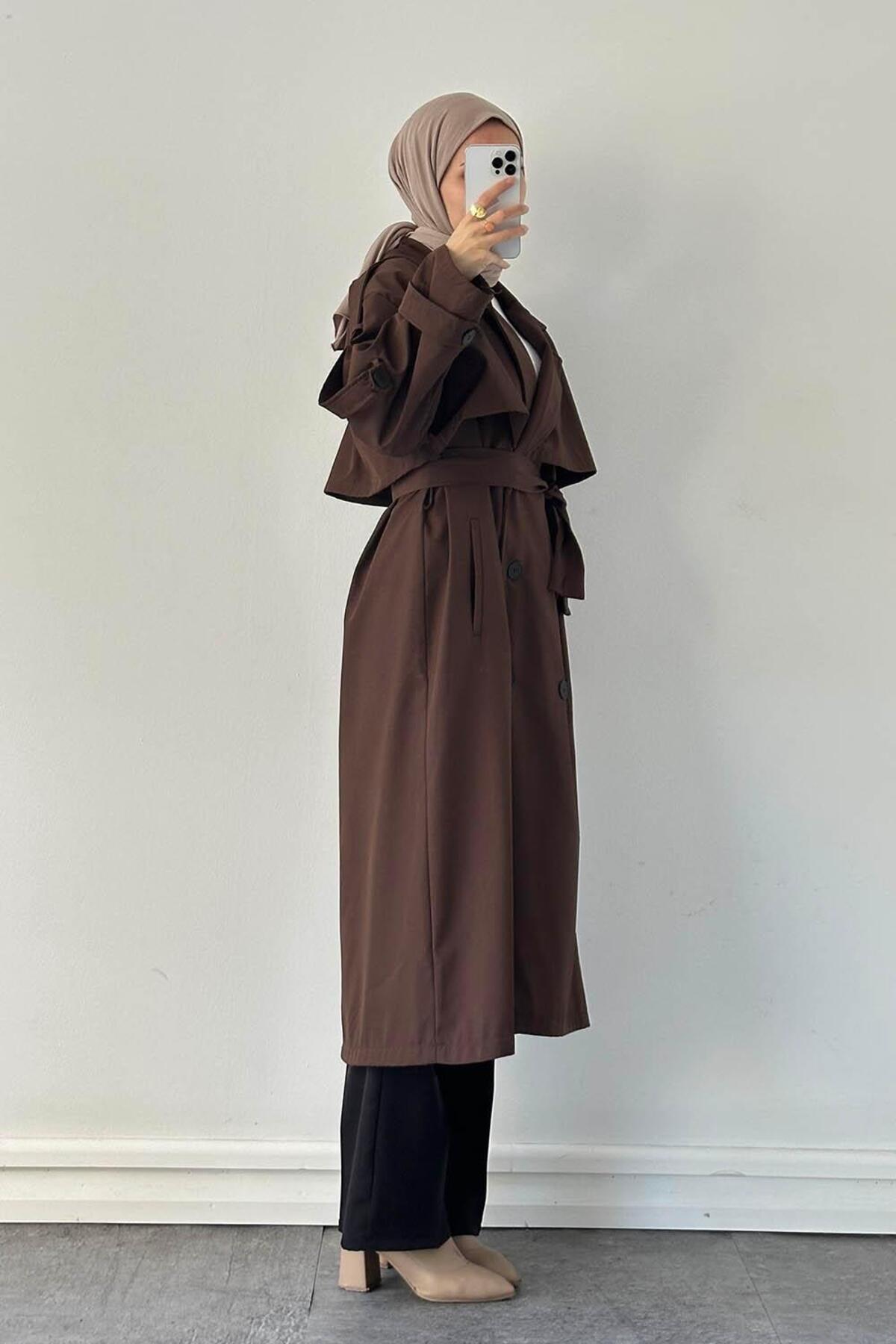 lamelif Uzun Apoletli Oversize Trenç Kahverengi görsel 2