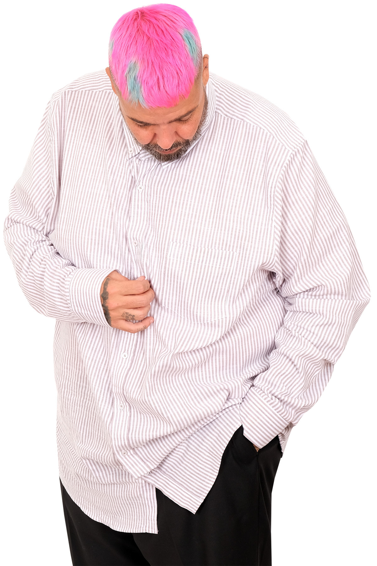 ModeXL Mode XL Büyük Beden EKSTRA UZUN BOY Keten Likralı Gömlek 20384 BEJ