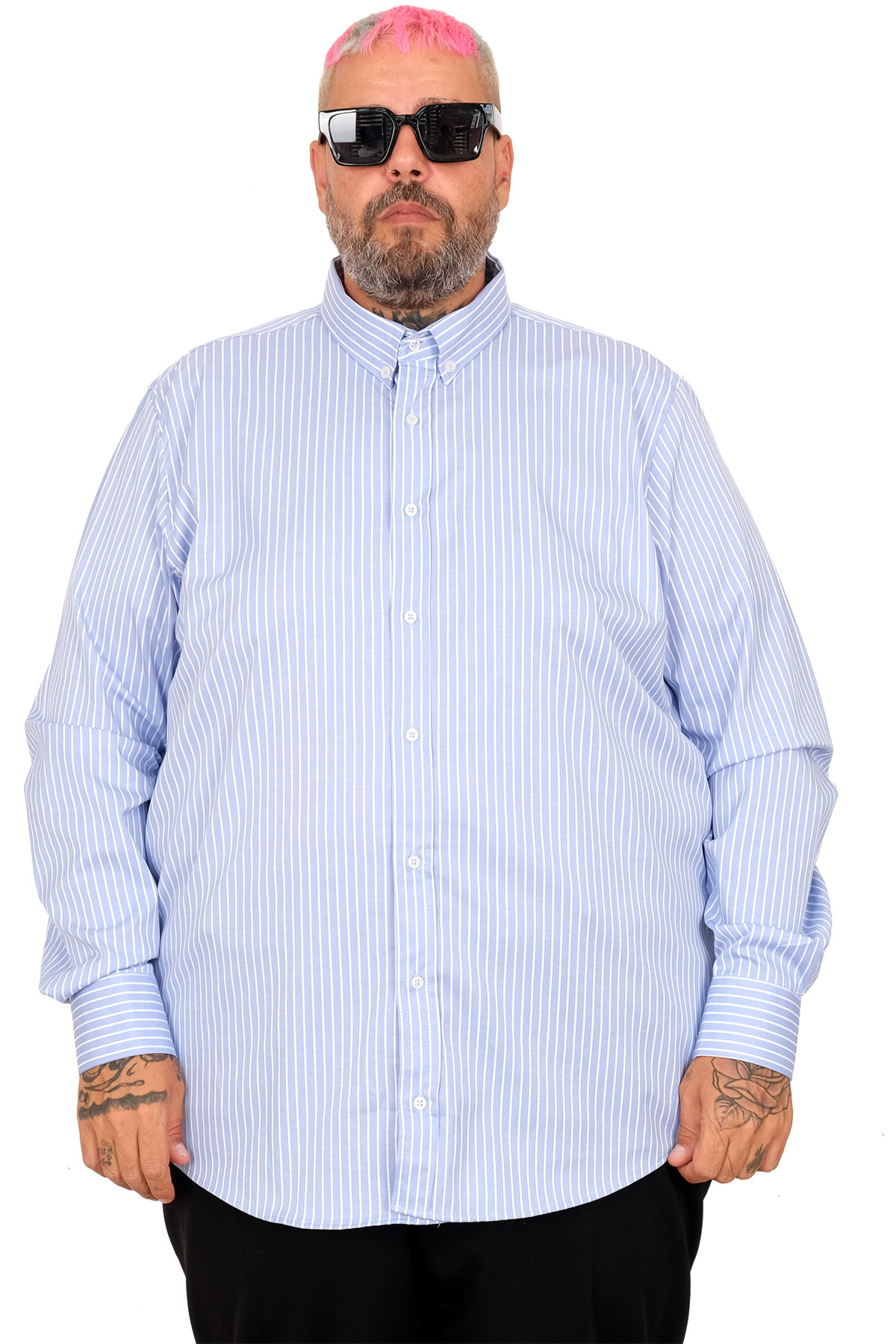 ModeXL Mode XL Büyük Beden Erkek Saten Çizgili Gömlek 20399
