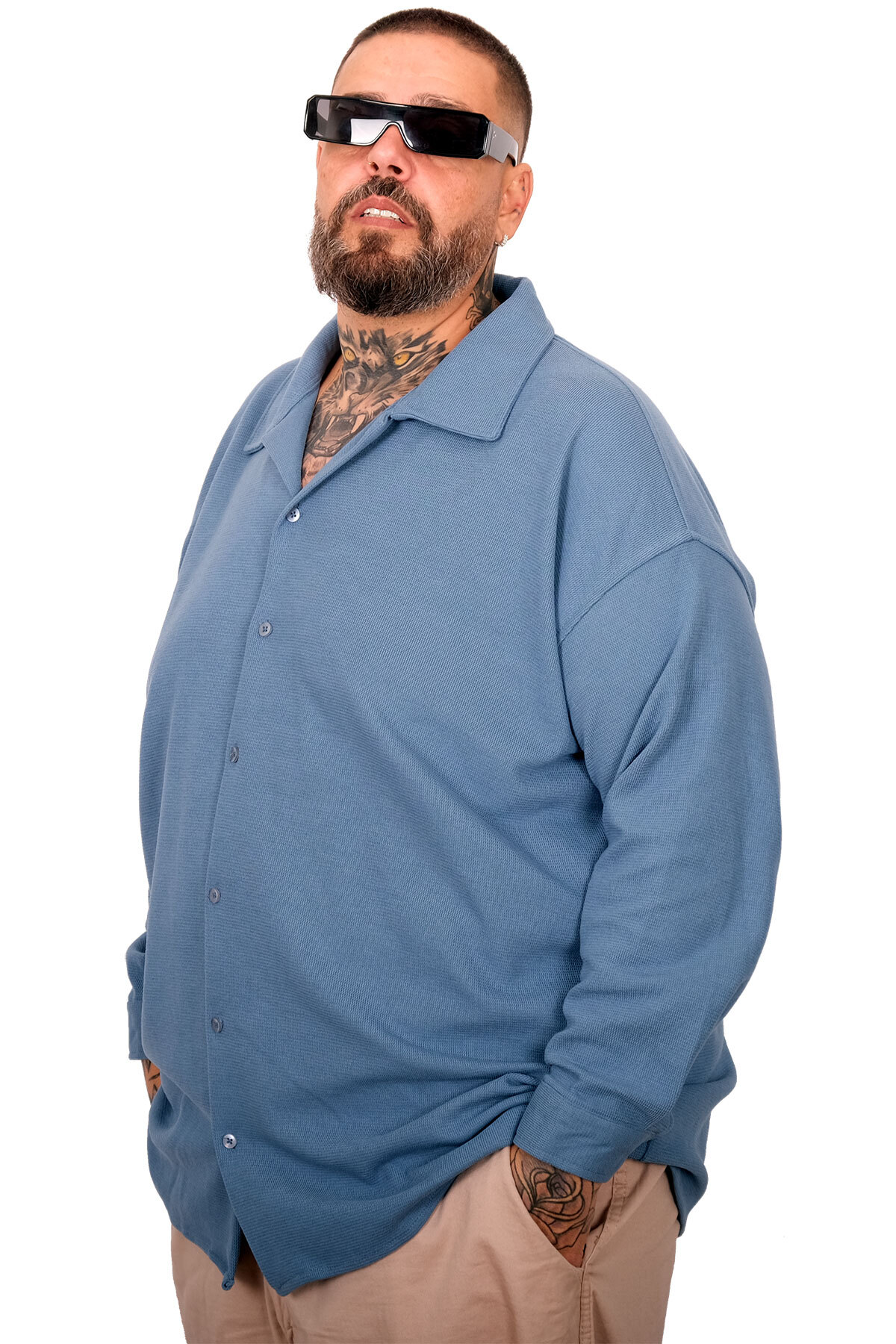 ModeXL Mode XL Büyük Beden Erkek Apas Gömlek 11108 mavi görsel 2
