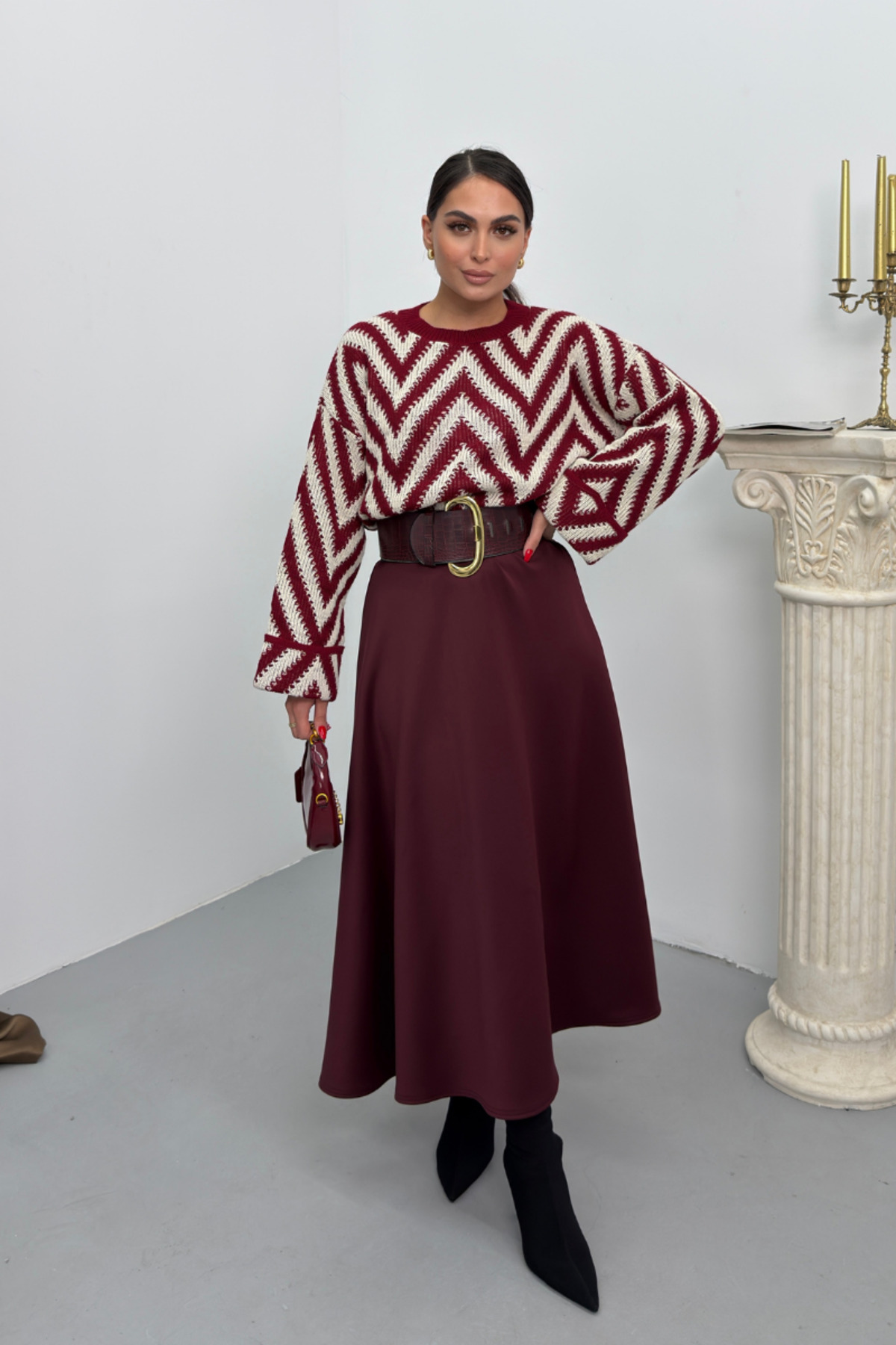 spirituel  Kadın Uzun Etek Beli Lastikli Scuba Kumaş Düz Renk A Kesim Çan Etek - Görsel 2