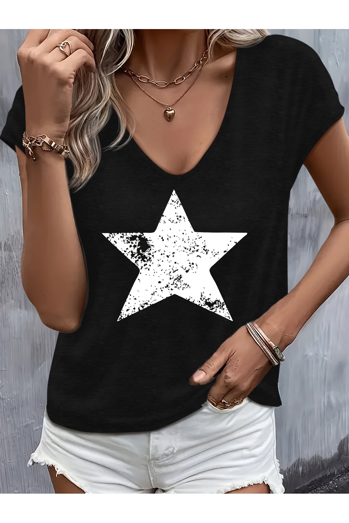 mercoledi  Star Baskılı Kadın V-Yaka Kolsuz Salas T-shirt Boyfriend