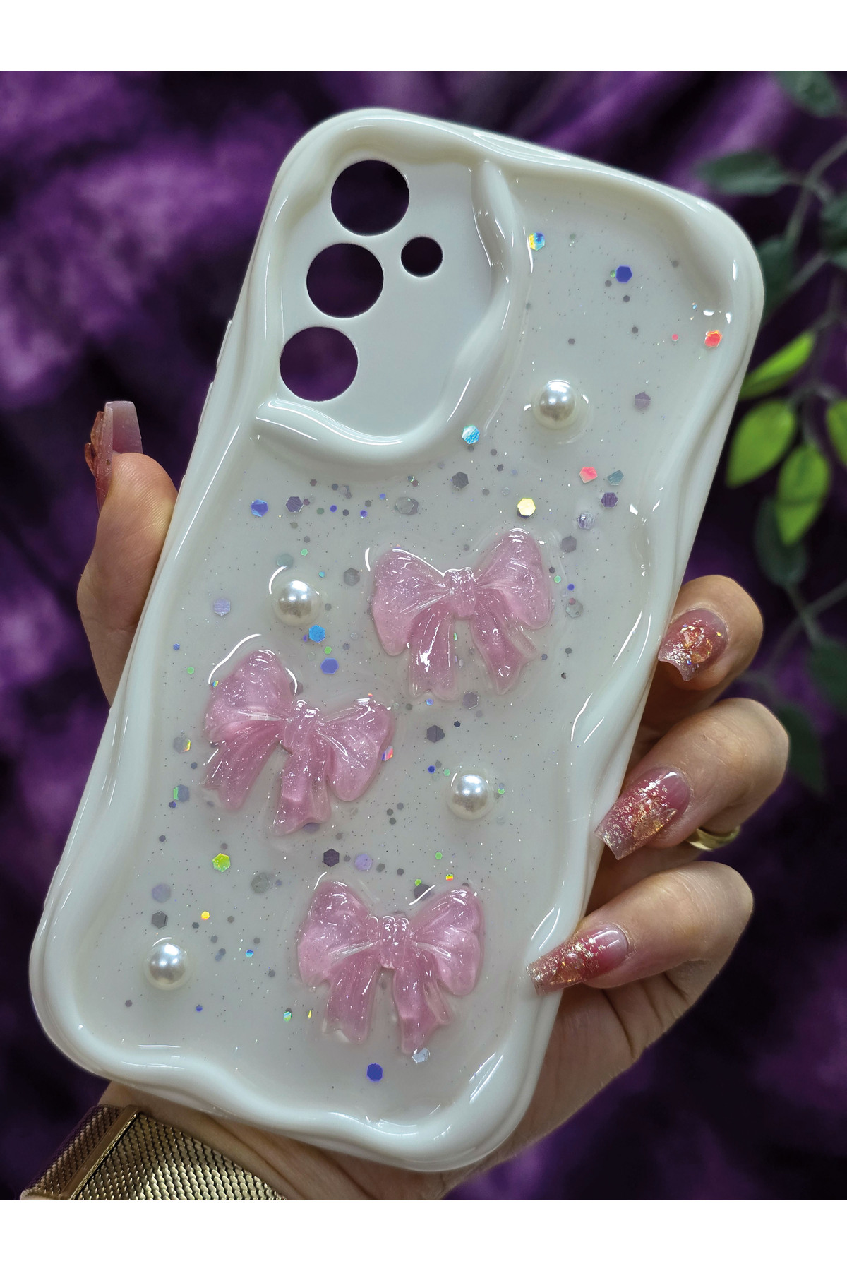 Samsung Galaxy A34 Compatible Pink Bow & Pearl Detailed Silvery Epoxy Phone Case