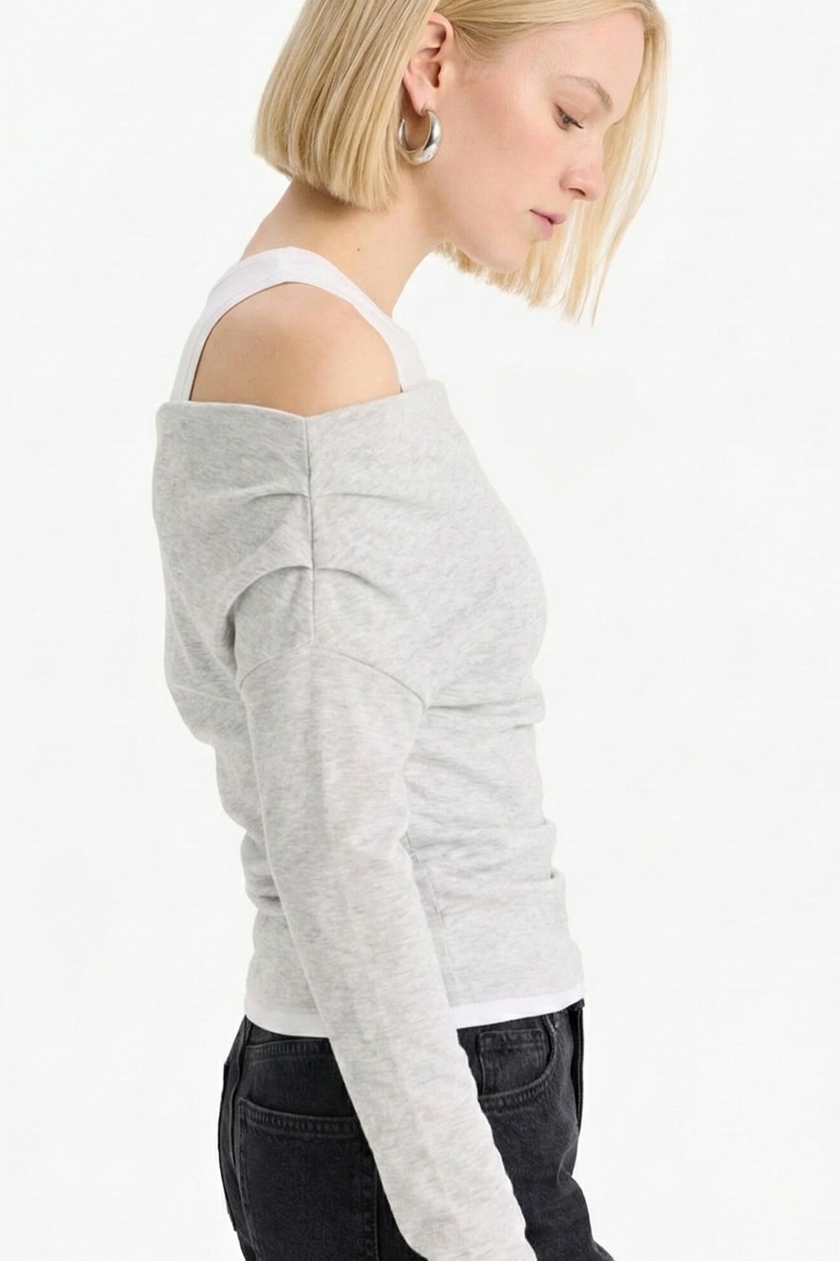 VODENS  Slim Fit Dar Kesim Tek Omuzlu Çift Katmanlı Ribana Pamuk Uzun Kollu Tişört - Görsel 3