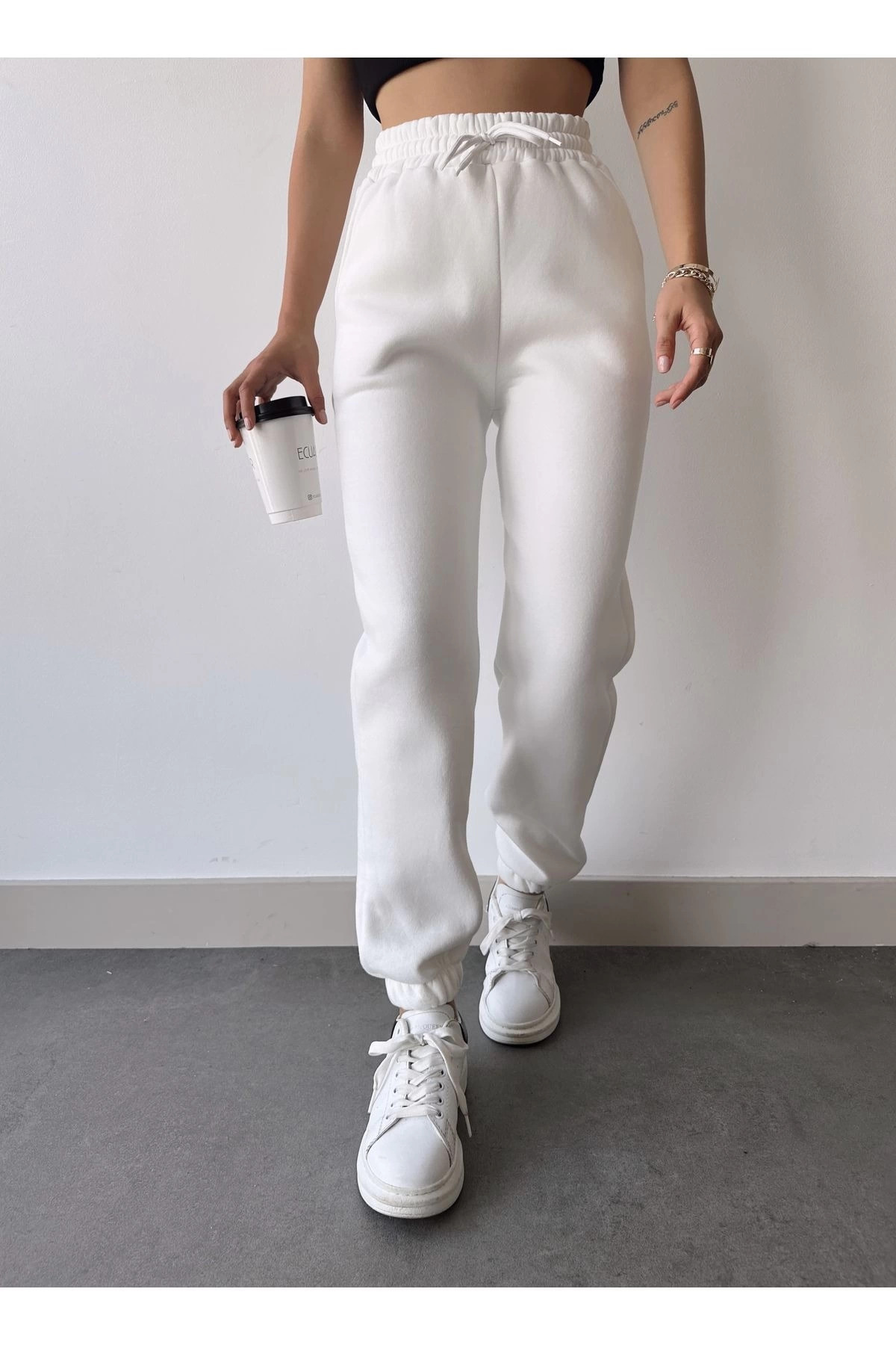 pilelistore Üç İplik Basic Lastikli Eşofman Pantolon - Beyaz fotoğrafı 6 (önizleme)