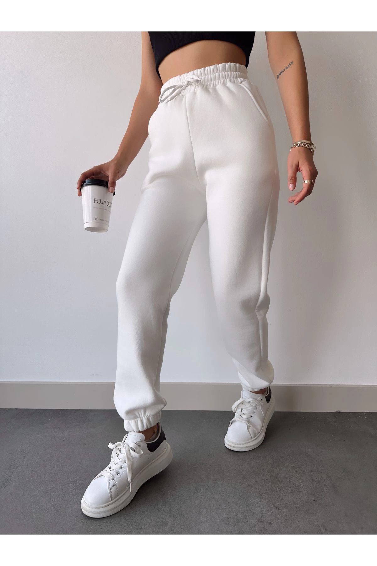 pilelistore Üç İplik Basic Lastikli Eşofman Pantolon - Beyaz fotoğrafı 5 (önizleme)