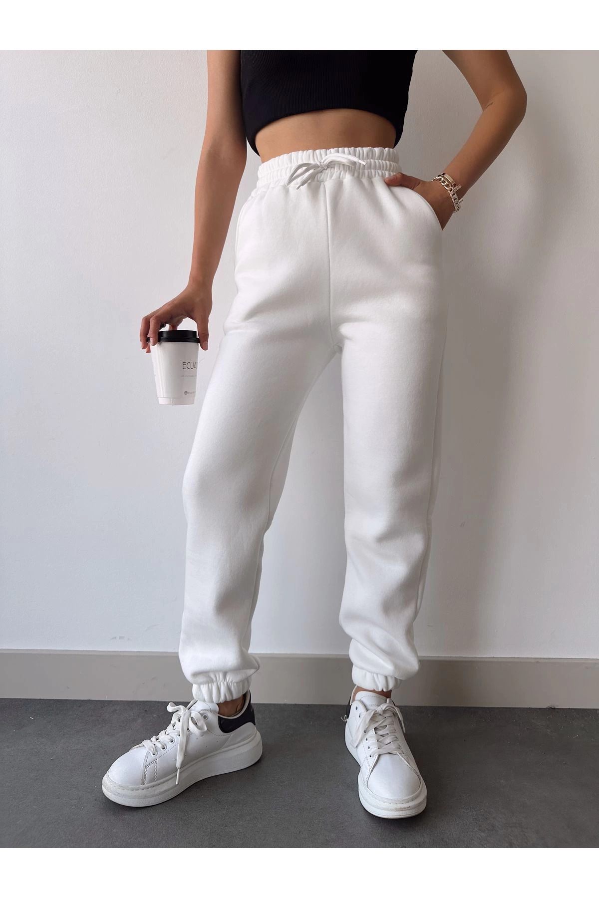 pilelistore Üç İplik Basic Lastikli Eşofman Pantolon - Beyaz fotoğrafı 3 (önizleme)