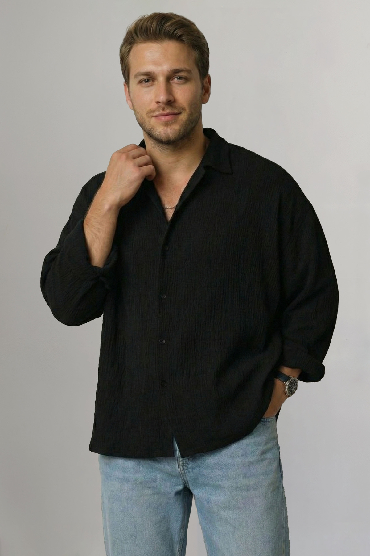 ECOTİQUE  Erkek İnce Terletmez Oversize Siyah Bürümcük Kumaş Ütü Gerektirmez Gömlek Yeni Sezon - Görsel 2