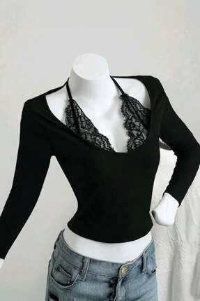 harmony factory Siyah Bağlamalı Dantelli Ekli Gotik Y2K Uzun Kollu Crop