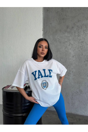SATIYU BUTİK Asmedo Kadın Kısa Kol Yazlık Tişört Bisiklet Yaka YALE Baskılı T...