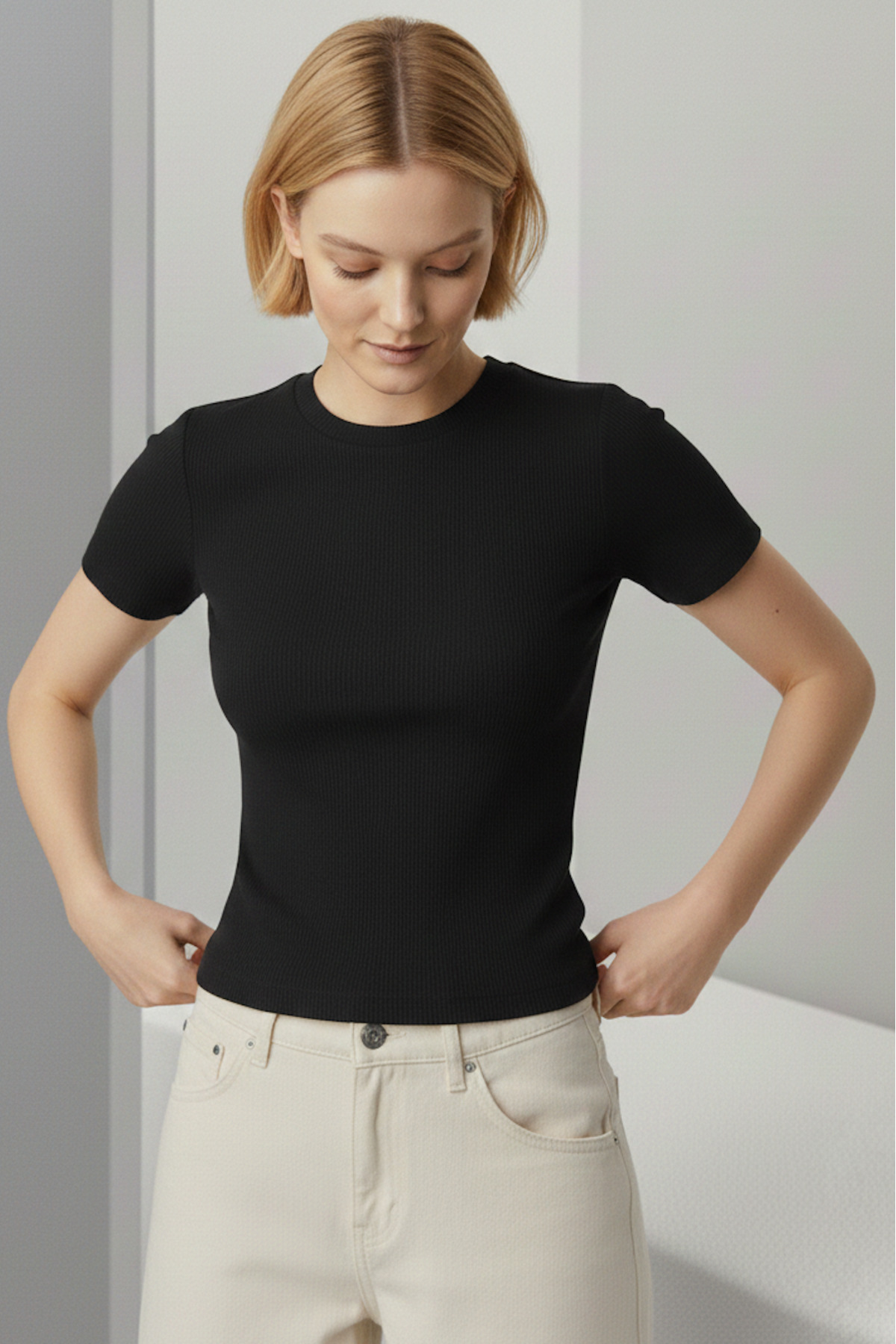LAYKRA  Kadın Ribana Bisiklet Yaka Kısa Kollu Vücudu Saran Pamuklu Basic Siyah Tişört - Görsel 2