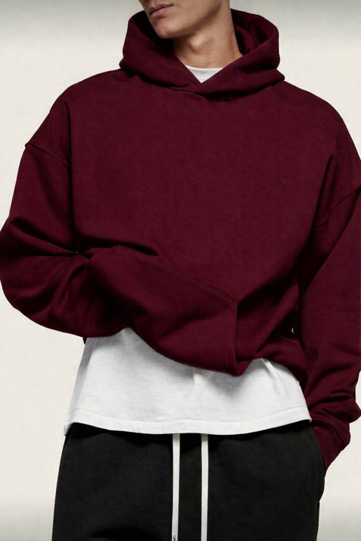 BYMEER  3’lü Bordo Laci Gri Kapüşonlu Oversize Sweatshirt - Görsel 3