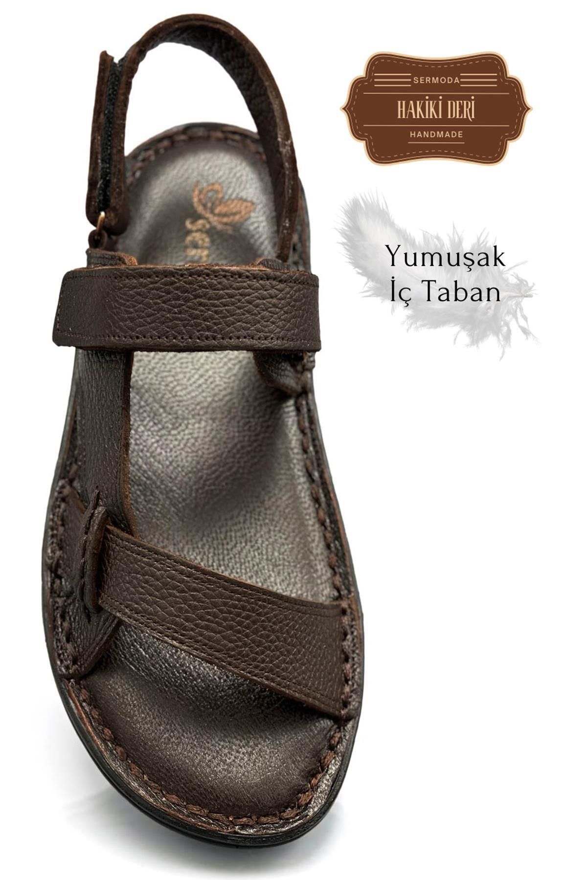 lil amore Hakiki Gerçek Deri Cırtlı Erkek Sandalet K Şır Kahve