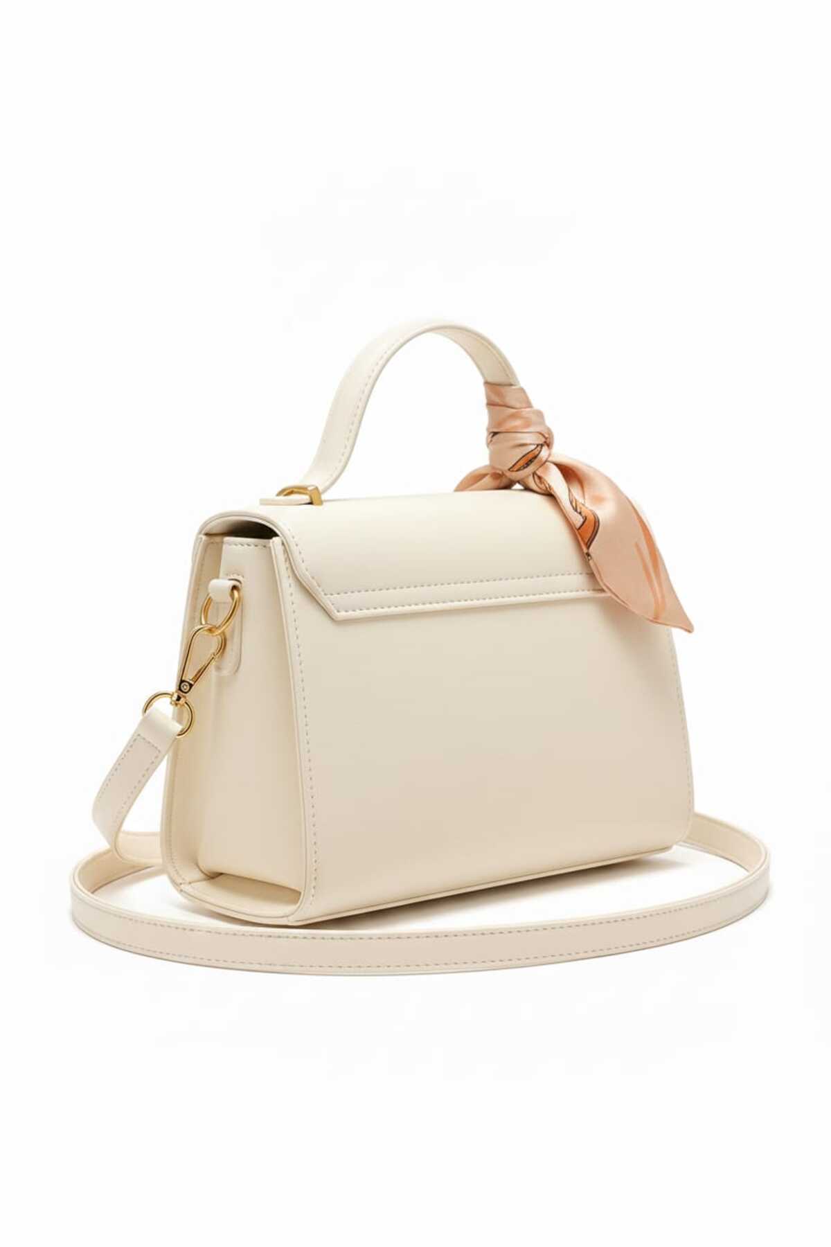 METEBAGS  Krem Suni Deri Fular Detaylı Omuz& El Çantası - Görsel 4