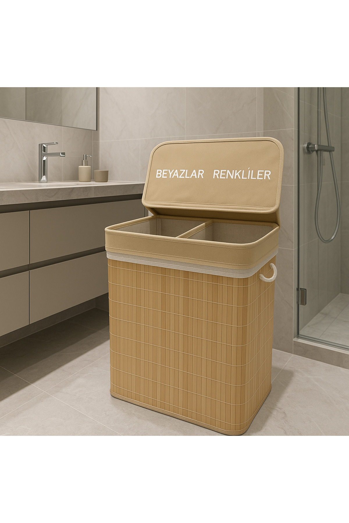 Modern Bamboo Whites/Colors Separate Laundry Dirty Basket 52x32x60cm 100 Liters Large