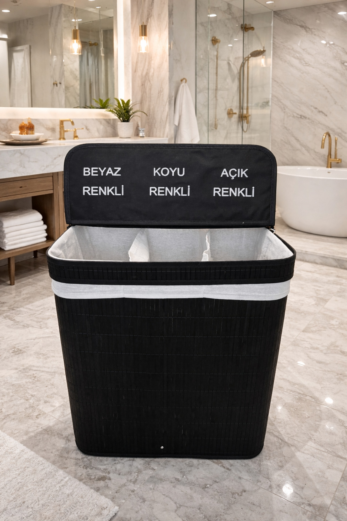 Tuğrastore Lüks Bambu 3 Bölmeli Çamaşır Kirli Sepeti 52x32x60cm Büyük Boy 100 Litre