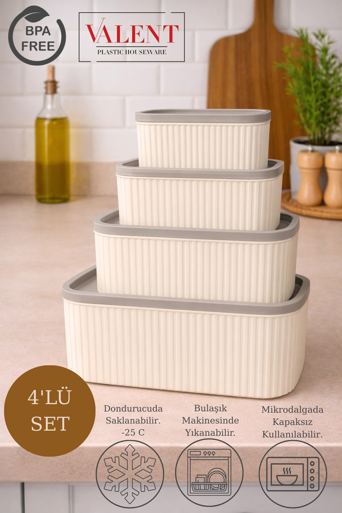 VALENT 4'lü Çizgili Dikdörtgen Saklama Seti Bej | 3LT 1.8LT 1LT 0.55LT | Mikrodalga v Dondurucu Düzenleyici