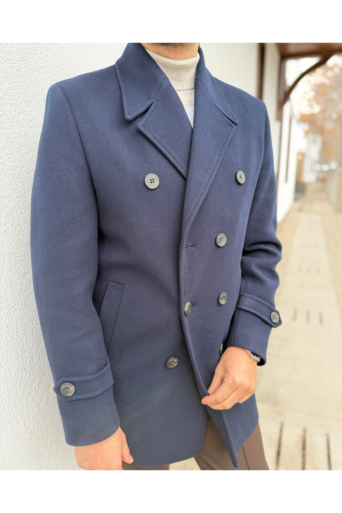 Avni Ceylan  Erkek Premium Çift Düğmeli Slim Fit Kruvaze Kaban - Görsel 6