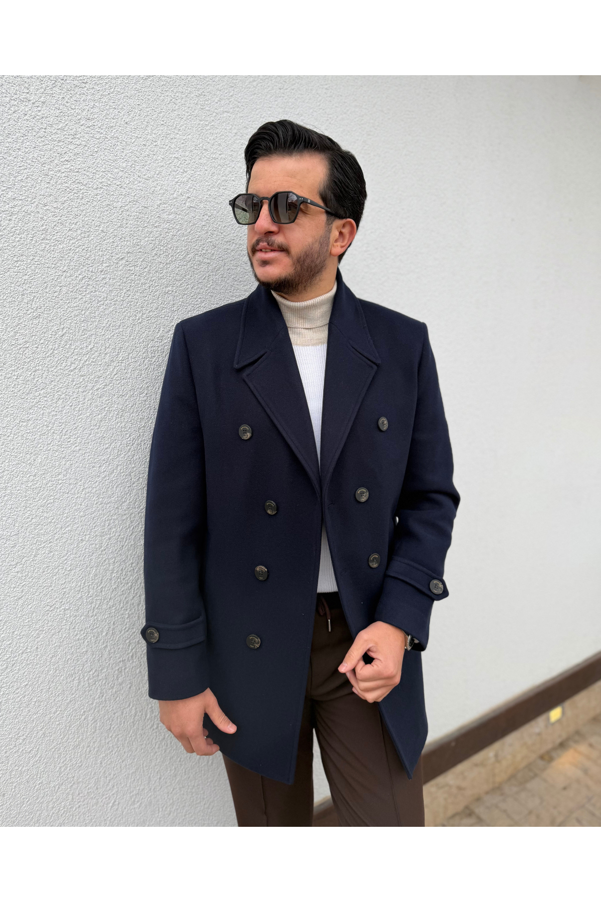 Avni Ceylan  Erkek Premium Çift Düğmeli Slim Fit Kruvaze Kaban - Görsel 2