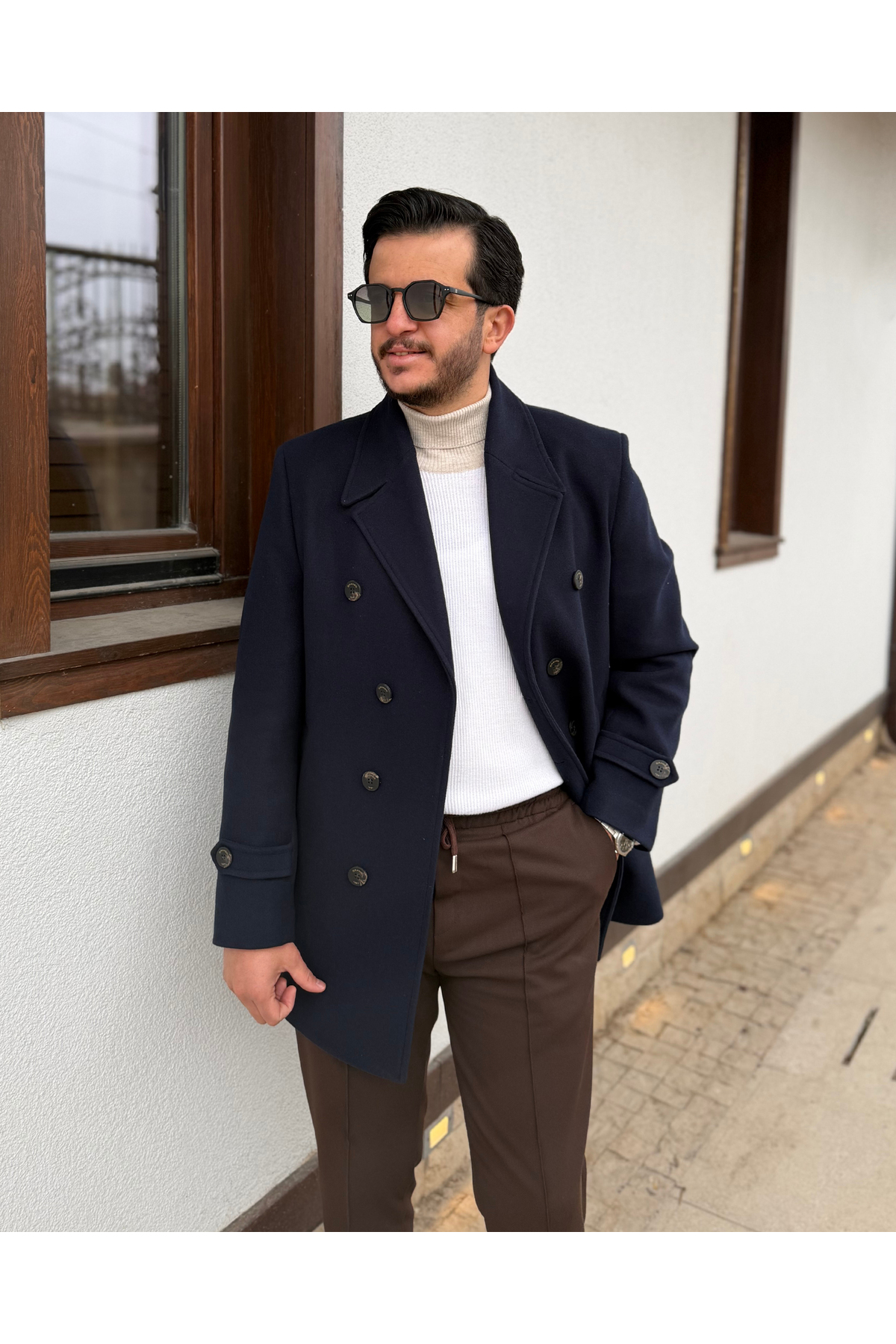 Avni Ceylan  Erkek Premium Çift Düğmeli Slim Fit Kruvaze Kaban - Görsel 3