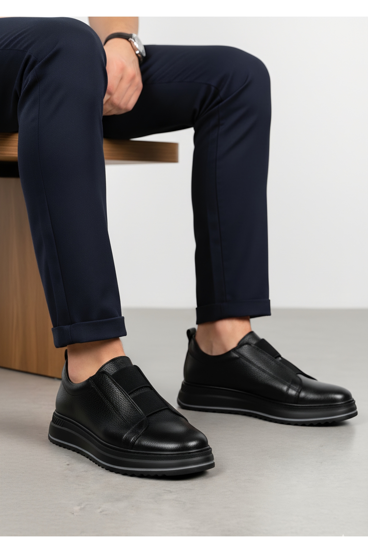 usva  Hakiki Deri Yüksek taban Klasik Günlük Rahat Siyah Erkek Ayakkabı - Görsel 2